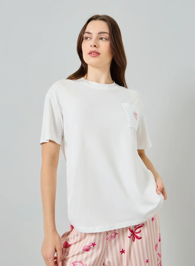 Styli Women Pocket Detail T-Shirt and Printed Pyjama Set